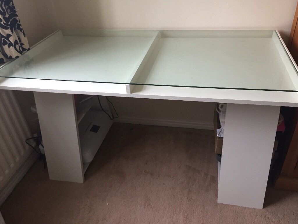 Ikea Vika Fagerlid White Desk With Glass Top And Storage Shelves | In Intended For White Finish Glass Top Desks (View 5 of 15)