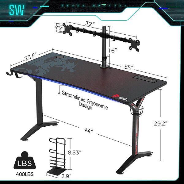 Inbox Zero Ergonomic Y Shaped 55 Inch Gaming Desk With Dual Monitor Regarding Gaming Desks With Built In Outlets (View 8 of 15)
