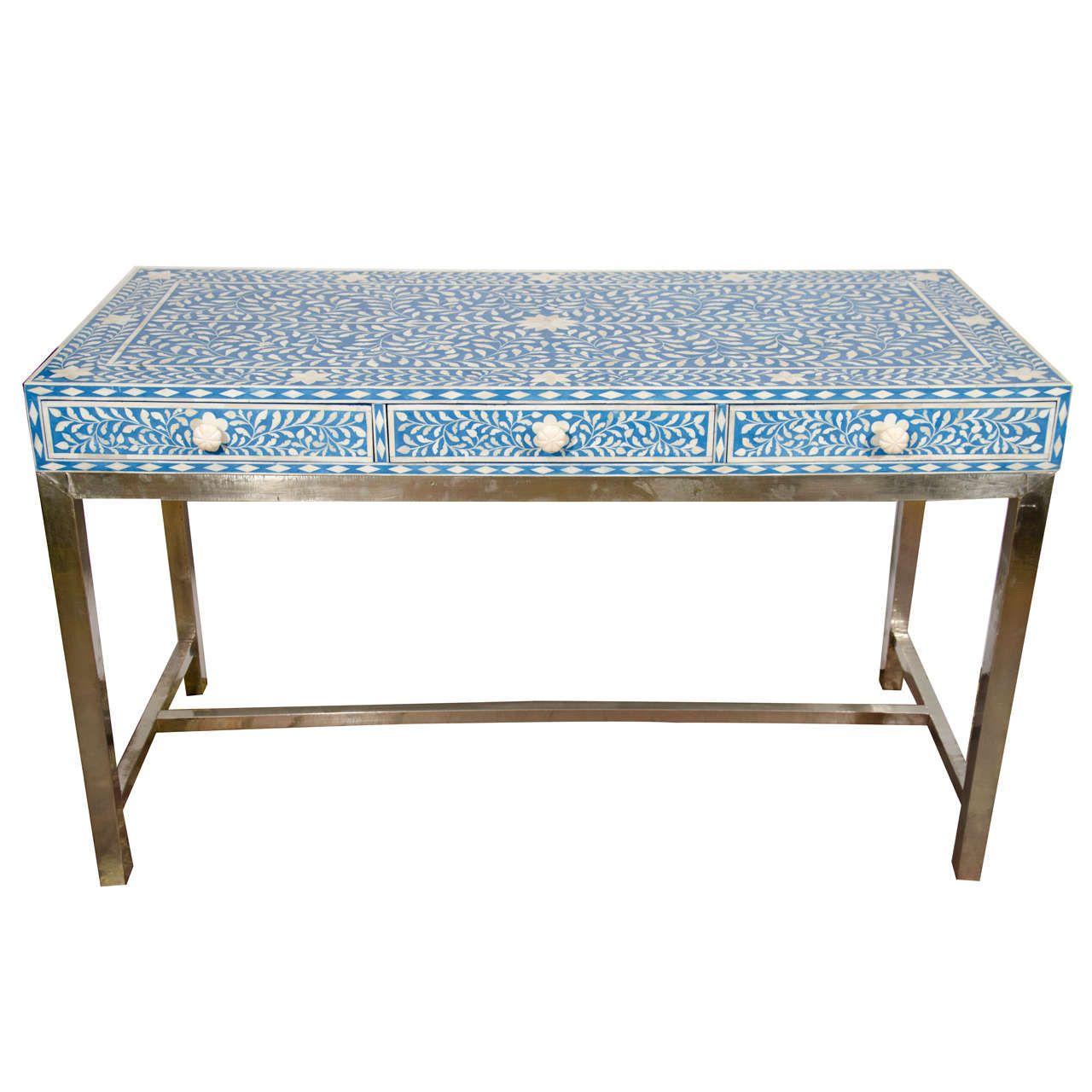Indian Bone Inlay Blue And White Writing Desk With White Metal Base At Throughout Gold And Blue Writing Desks (View 11 of 15)