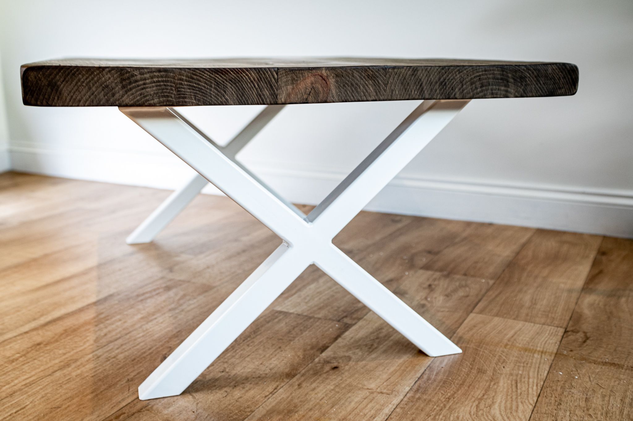 Industrial Coffee Table With White Metal Legs X Frame And Reclaimed With Espresso Wood And Black Metal Desks (View 15 of 15)