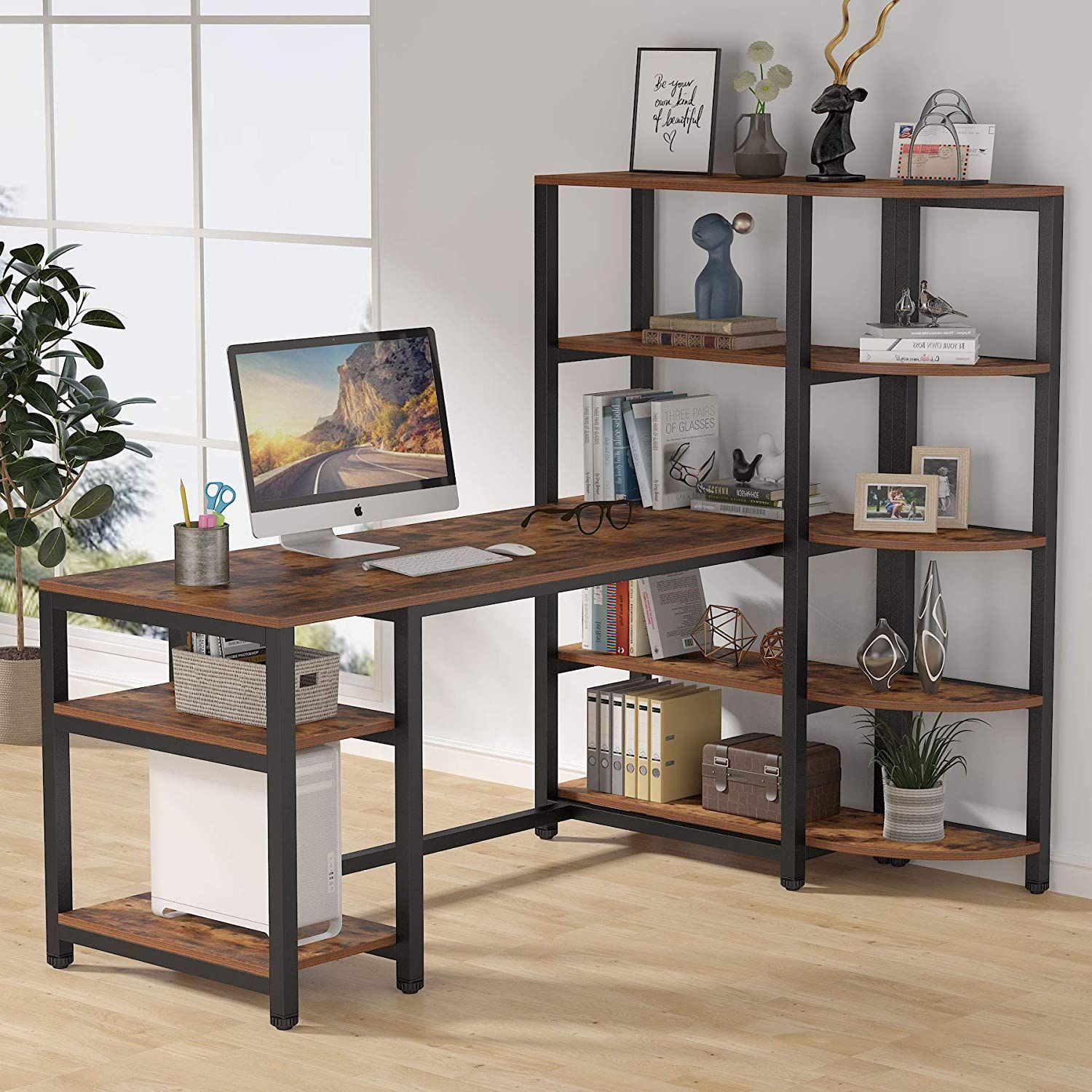 Industrial Computer Desk With 5 Tier Storage Shelves, 67 Inch Large Intended For Executive Desks With Dual Storage (View 10 of 15)