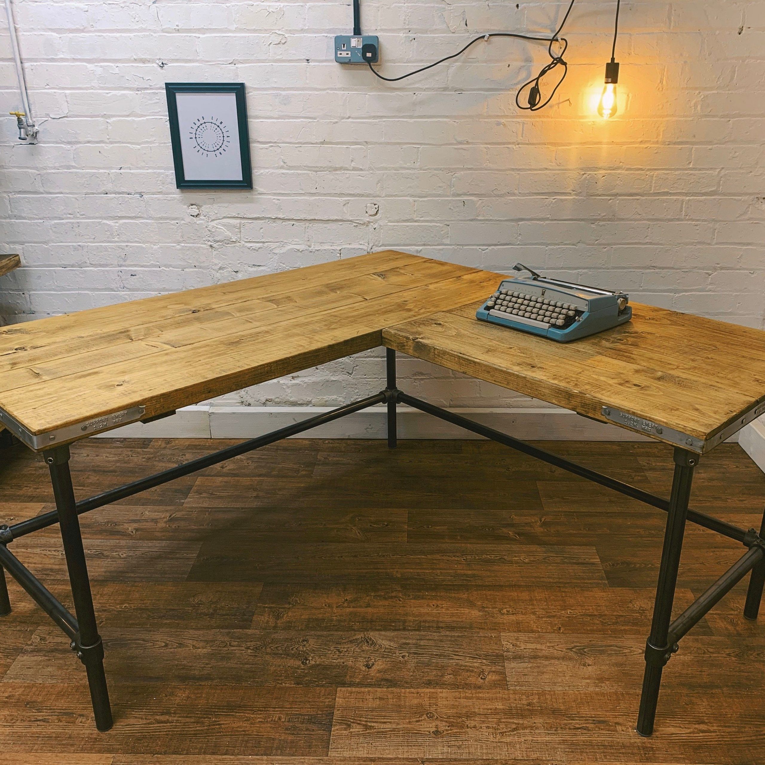 Industrial Scaffold Board Corner Desk On Steel Pipe Legs | Rustic Within Rustic Brown Corner Desks (View 8 of 15)
