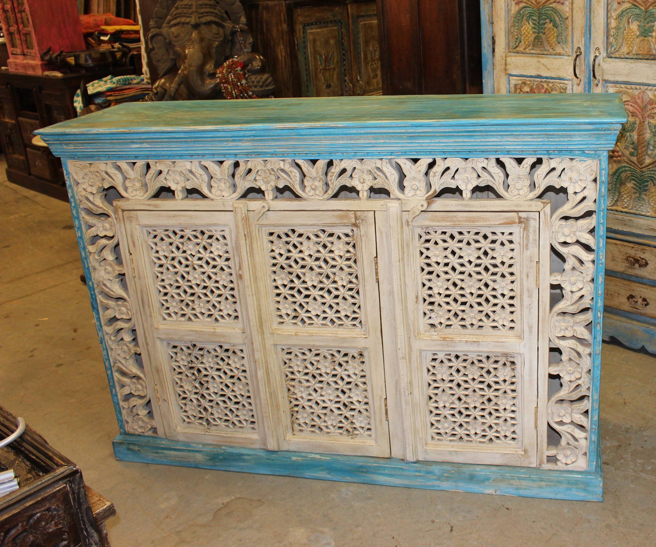 Ivory Blue Intricate Carved Vintage Sideboard Beautiful Floral Carving Within Antique Ivory Wood Desks (Photo 3 of 15)