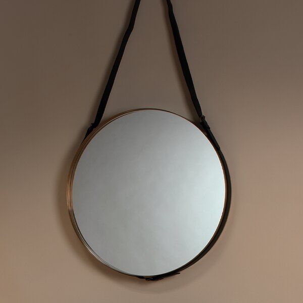 Jamie Young Company Large Round Mirror In Antique Brass & Black Leather Regarding Black Leather Strap Wall Mirrors (View 13 of 15)