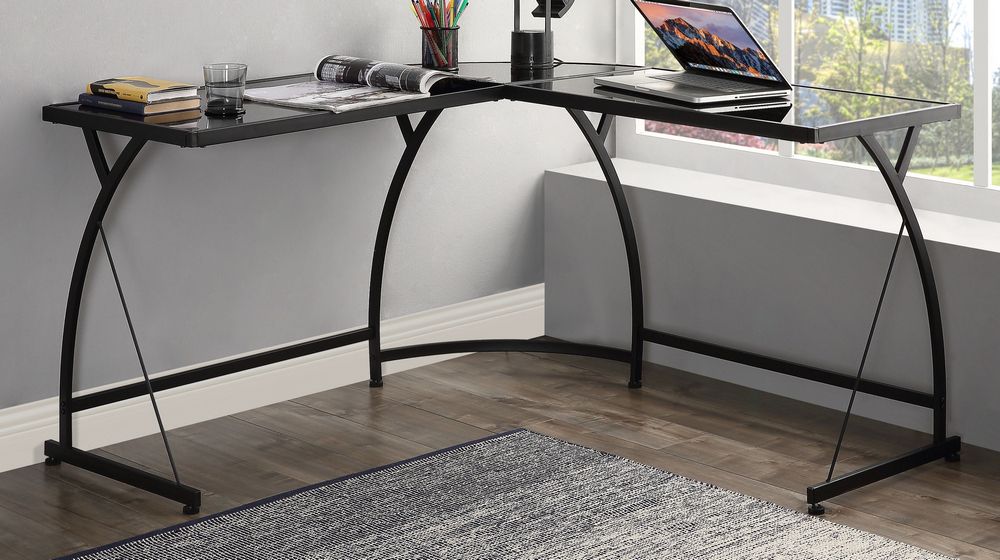Janison Black Glass/metal Corner Writing Deskacme In Black Glass And Natural Wood Office Desks (View 11 of 15)