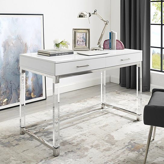 Jerome Writing Desk – High Gloss | Acrylic Legs | Metal Base | Modern For White Wood Modern Writing Desks (View 11 of 15)
