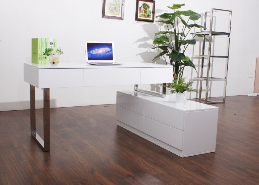 Kd12 White High Gloss Finish Modern Office Deskj&m | Choice Custom Intended For Glossy White And Chrome Modern Desks (View 7 of 15)