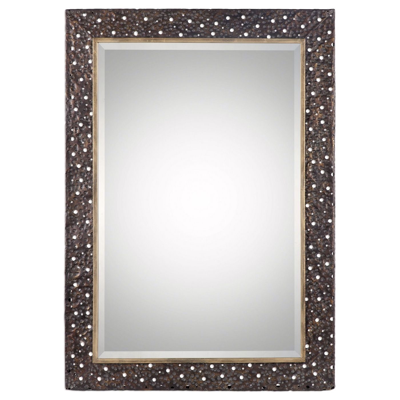 Khalil Beveled Wall Mirror With Pierced And Hammered Dark Bronze Frame Throughout Brass Iron Framed Wall Mirrors (View 10 of 15)