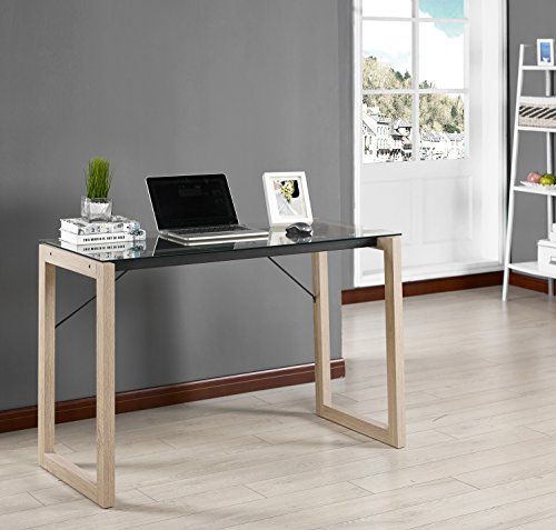 Kings Brand Black Tempered Glass / Natural Wood Home Office Computer With Regard To Glass Walnut Wood And Black Metal Office Desks (Photo 12 of 15)