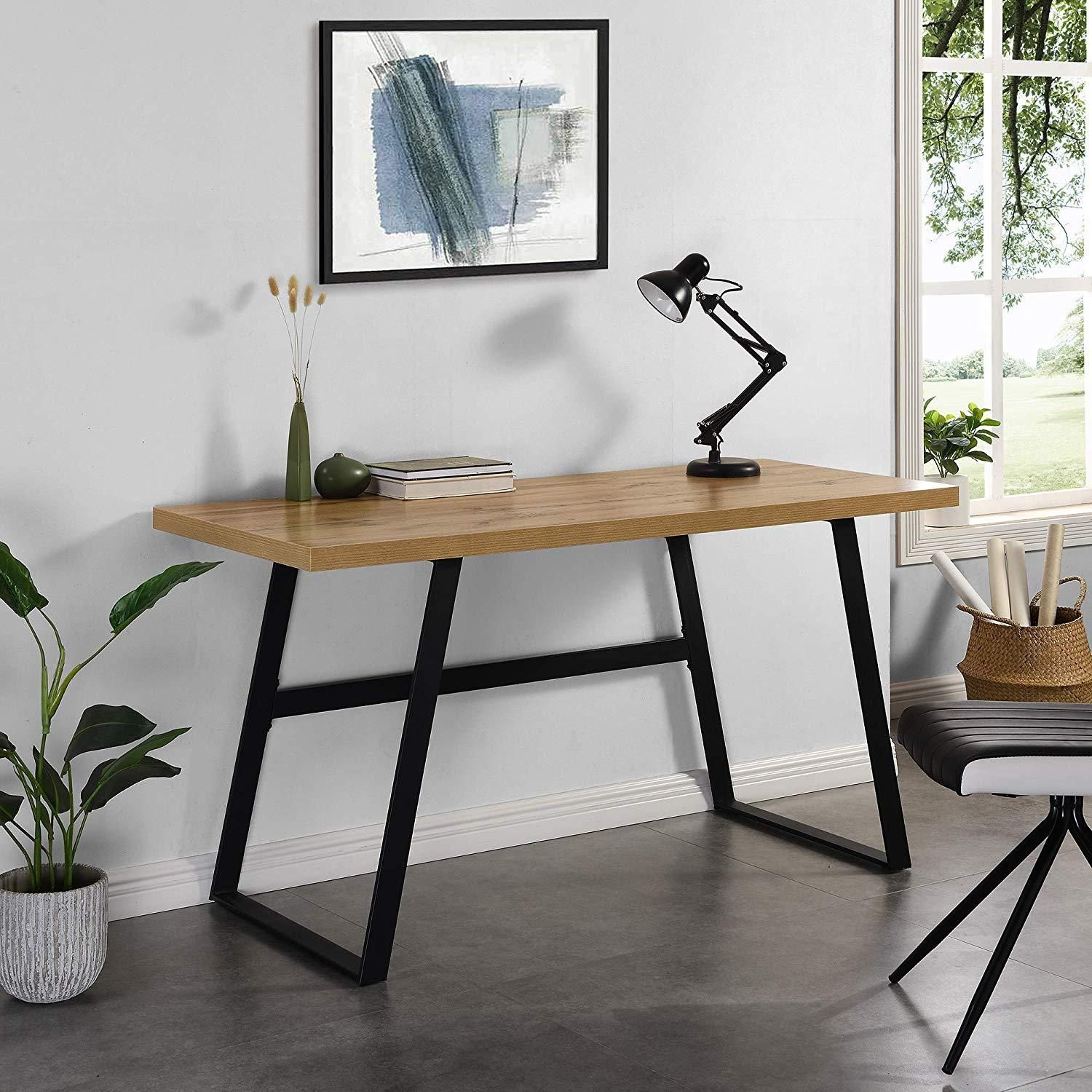 Kloten Oak Effect Desk With Black Metal Legs | Furniture, Home Office Regarding Walnut Wood And Black Metal Office Desks (View 14 of 15)