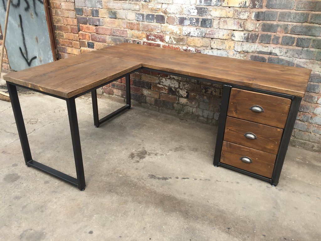 L Shape Desk With Drawers – Wood & Steel – Industrial Reclaimed Style In Black Metal And Rustic Wood Office Desks (Photo 7 of 15)