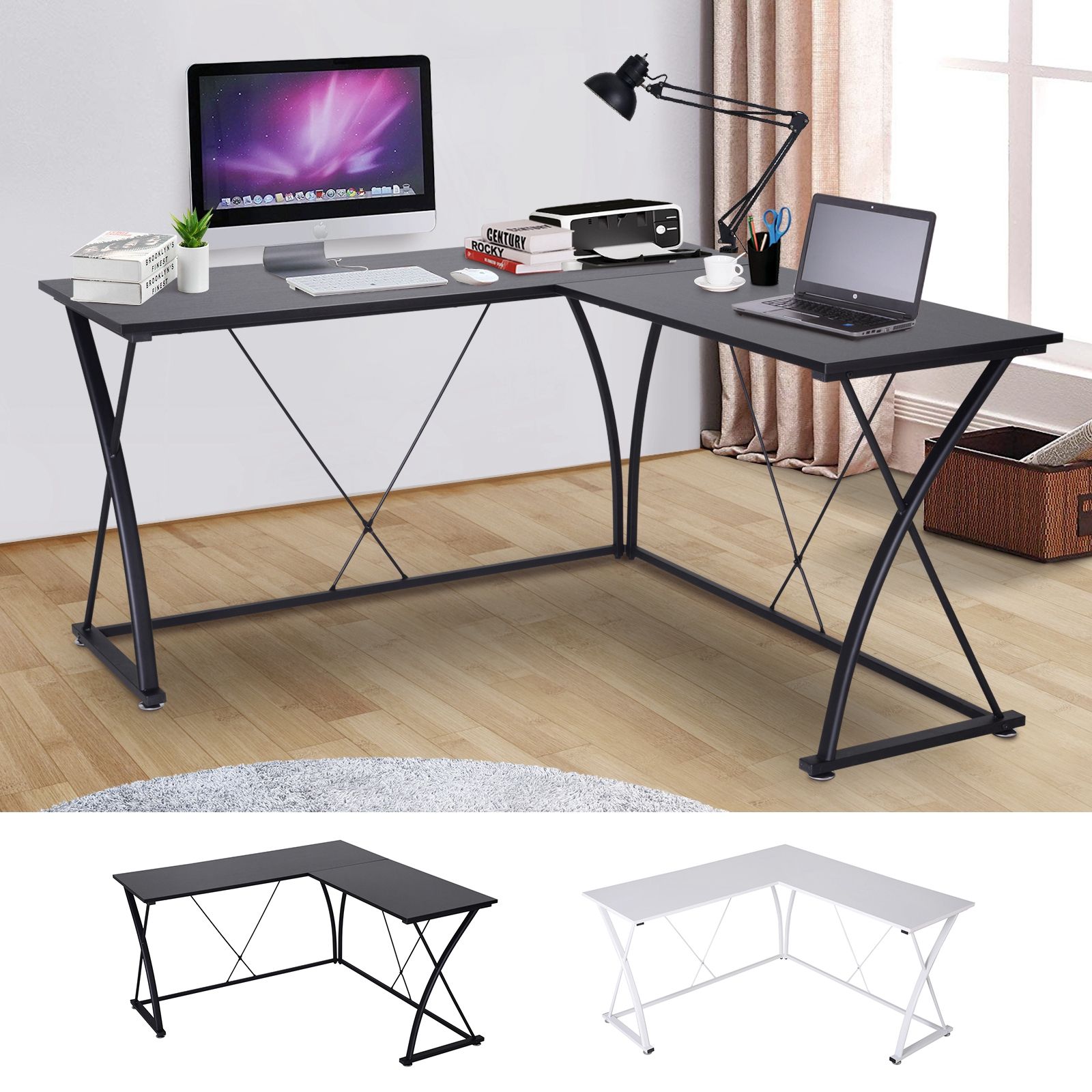 L Shaped Computer Desk Table W/ Curved Metal Frame Minimal Style Gaming For Black Metal Gaming Desks (View 8 of 15)