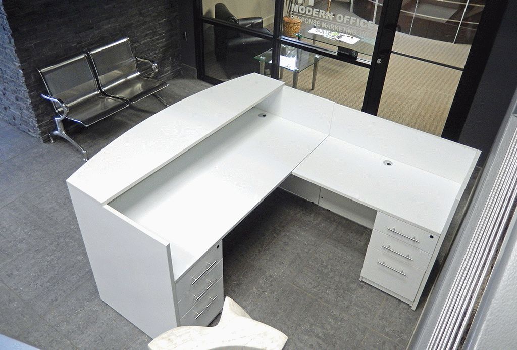 L Shaped White Reception Desk W/frosted Glass Panel Pertaining To White Glass And Natural Wood Office Desks (View 12 of 15)
