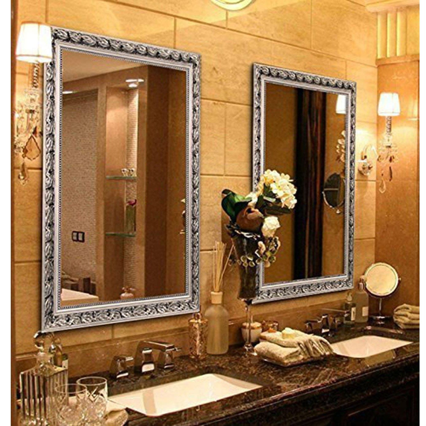 Large 38 X 26 Inch Bathroom Wall Mirror With Baroque Style Silver Wood For Wall Mirrors (View 9 of 15)