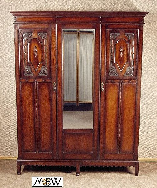Large Antique Solid Oak 2 Door Armoire Wardrobe Closet C18b | Armoire With Antique Brown 2 Door Wood Desks (Photo 2 of 15)