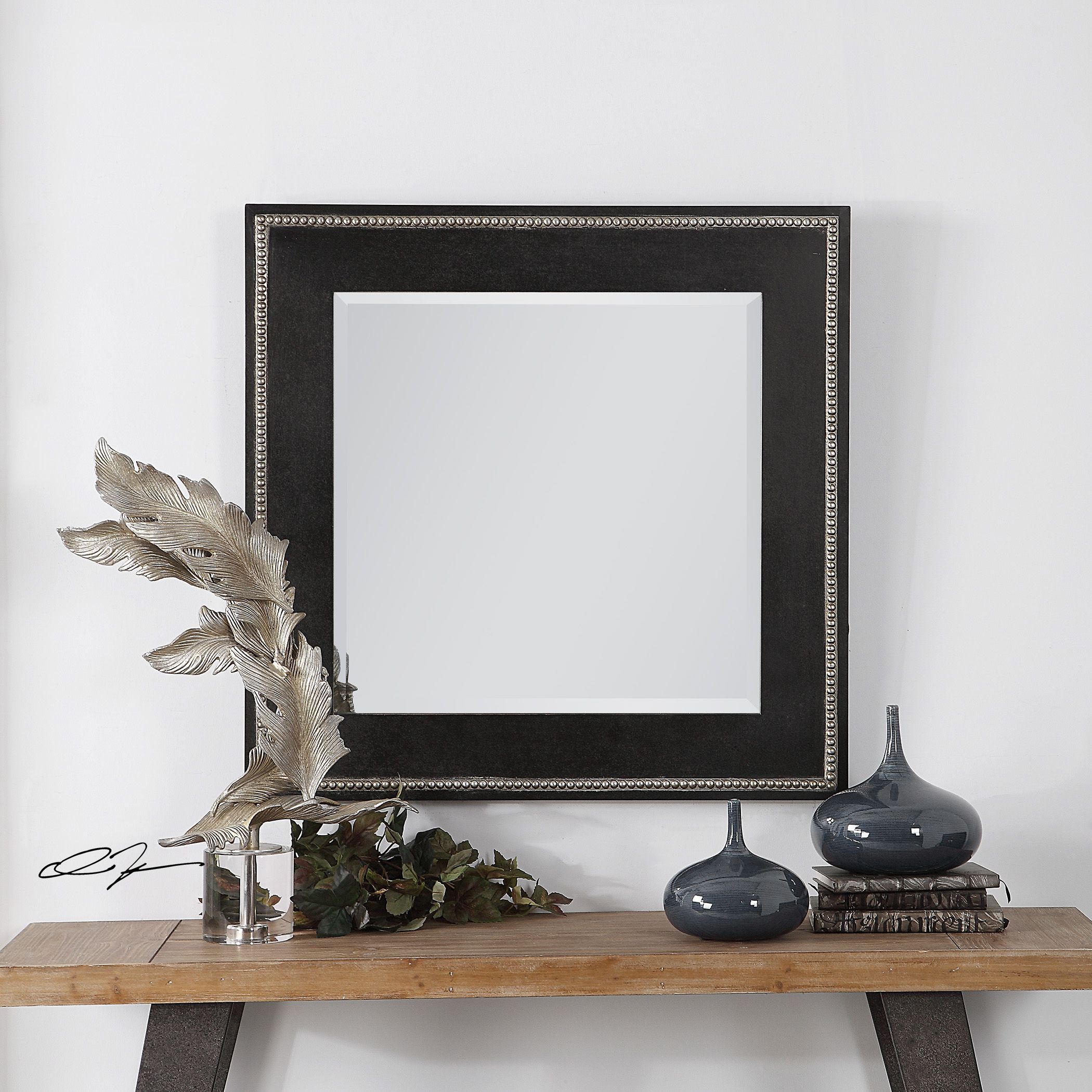 Large Black Square Beveled Wall Mirror Contemporary Style Traditional In Glen View Beaded Oval Traditional Accent Mirrors (Photo 1 of 15)