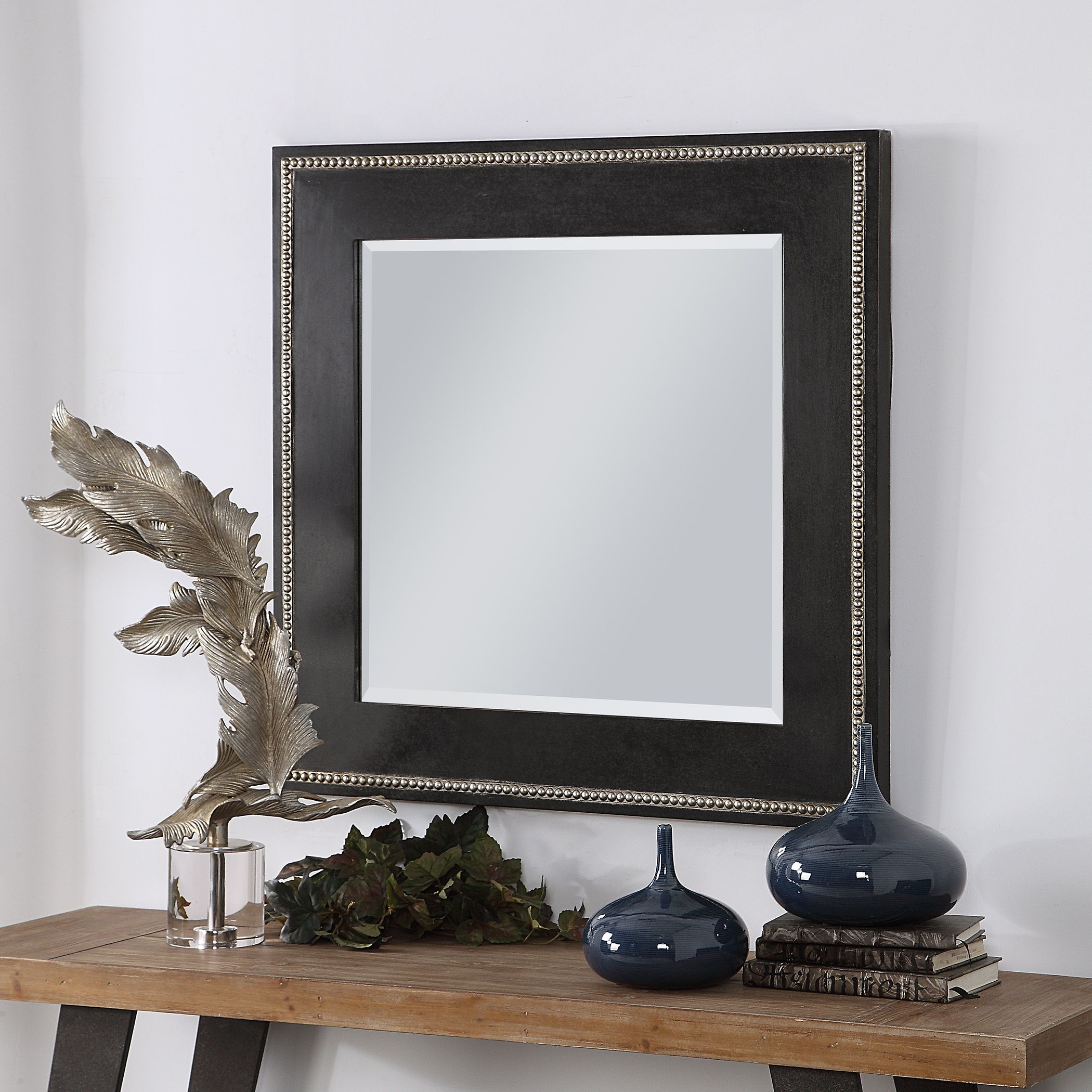 Large Black Square Beveled Wall Mirror Contemporary Style Traditional Intended For Glen View Beaded Oval Traditional Accent Mirrors (View 2 of 15)