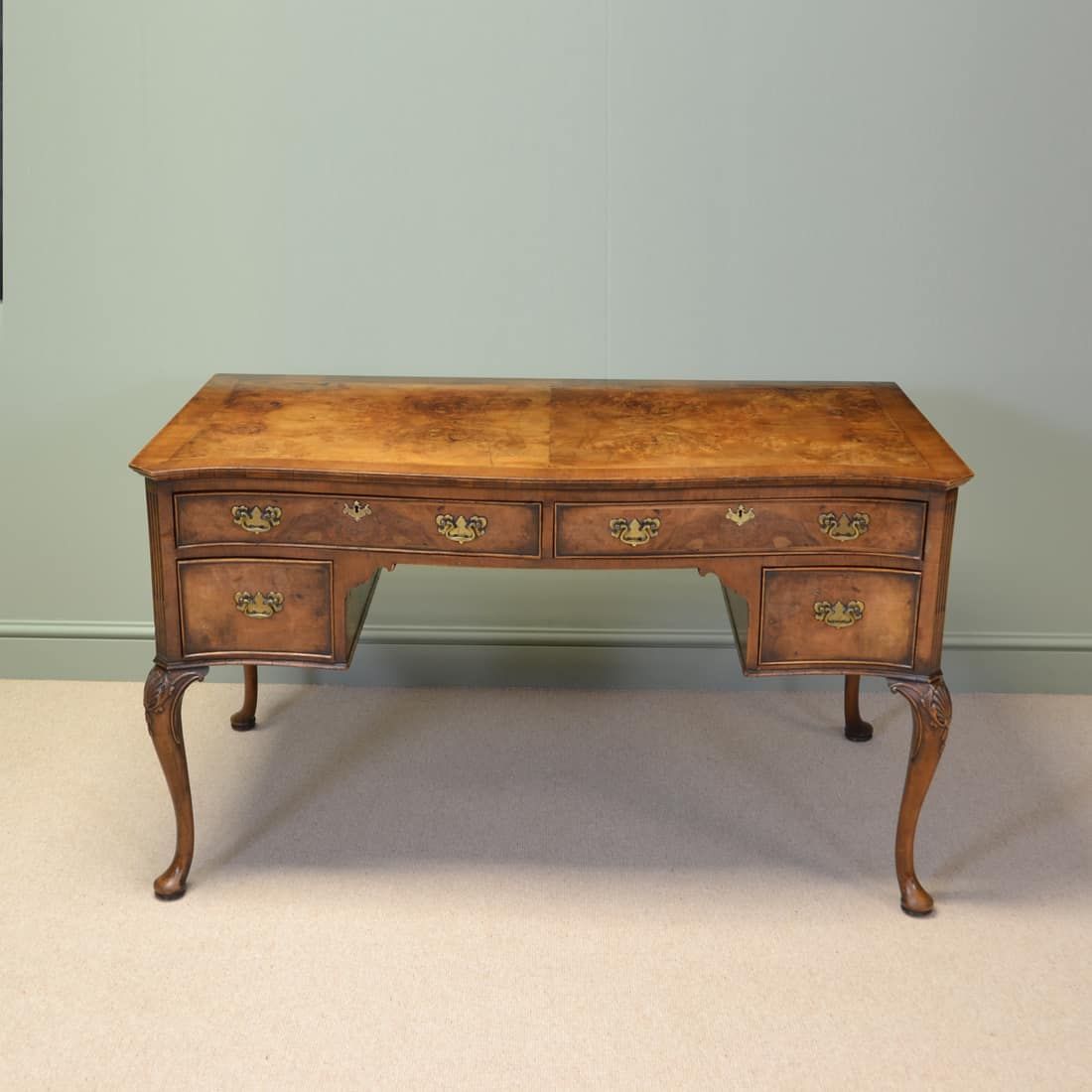 Large Figured Walnut Antique Edwardian Writing Desk – Antiques World Inside Glass And Walnut Modern Writing Desks (View 14 of 15)