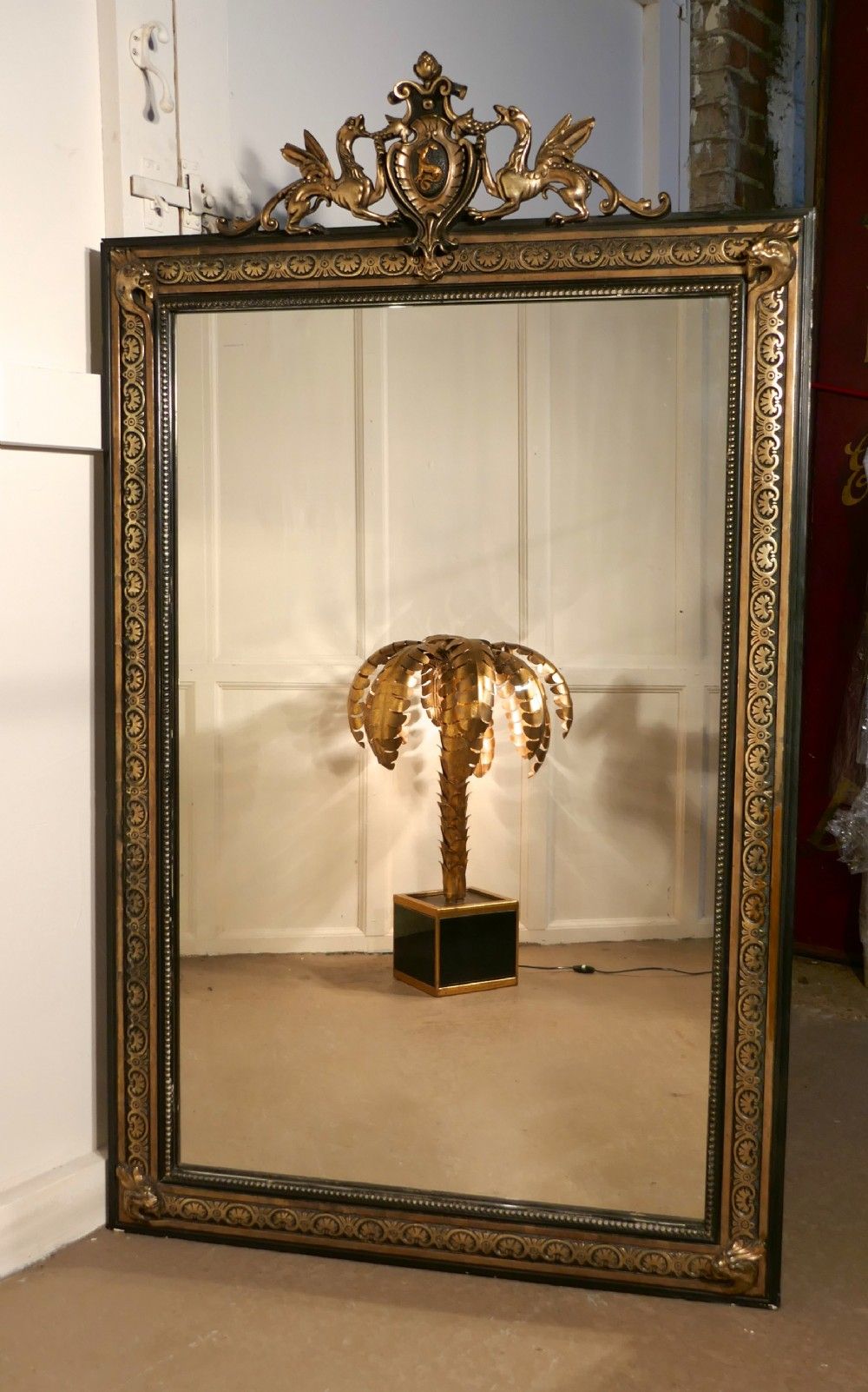 Large French Ebonised, Brass And Gilt Wall Mirror, Dragons And Crest For Wall Mirrors (View 11 of 15)