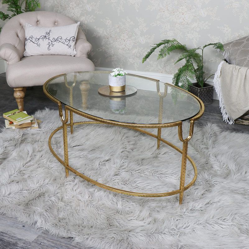 Large Gold Oval Glass Topped Coffee Table Throughout Glass And Gold Rectangular Desks (View 11 of 15)