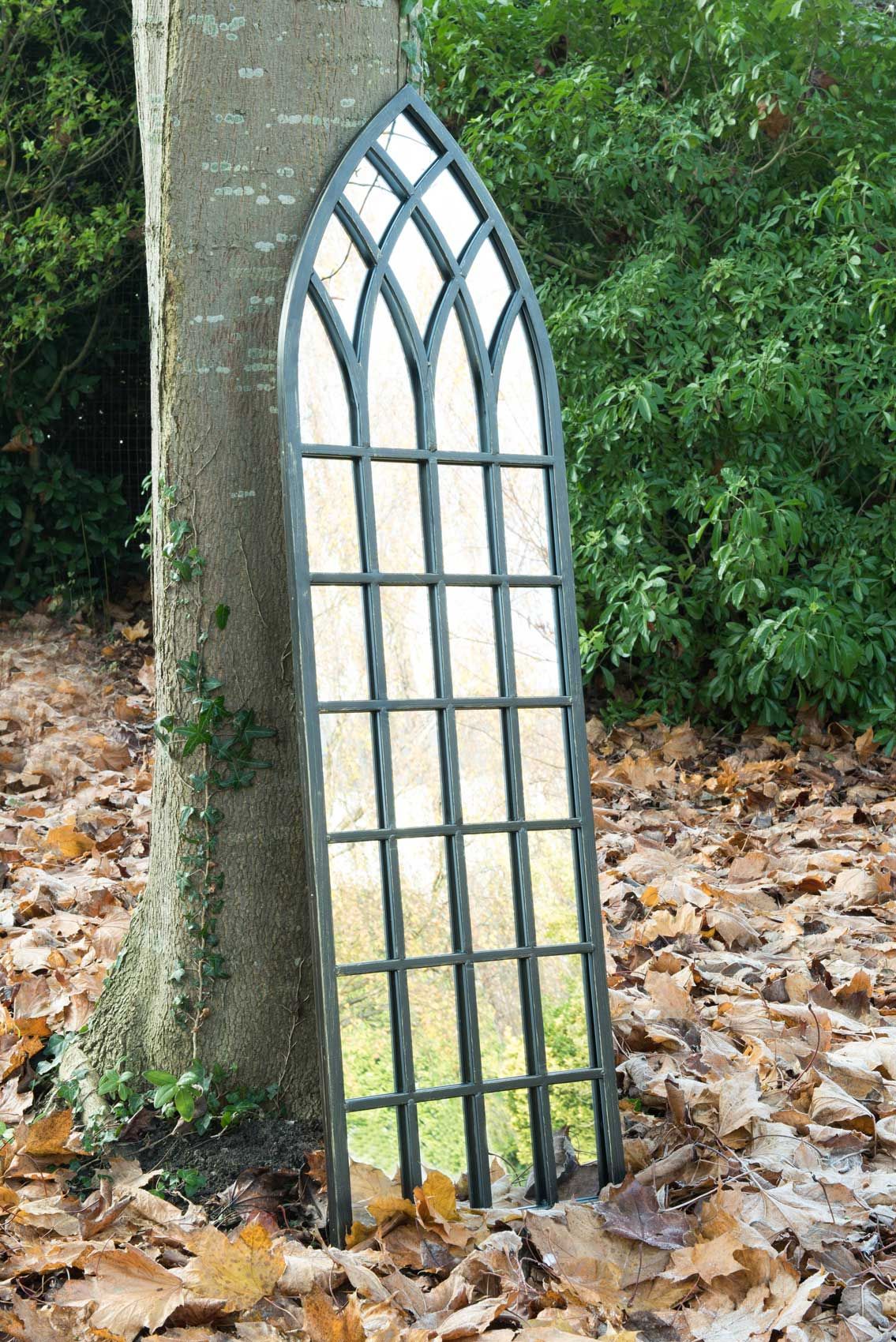 Large Metal Arched Black Outdoor Mirror Frost Protected 4ft7 X 1ft6 140 Intended For Black Metal Arch Wall Mirrors (Photo 14 of 15)