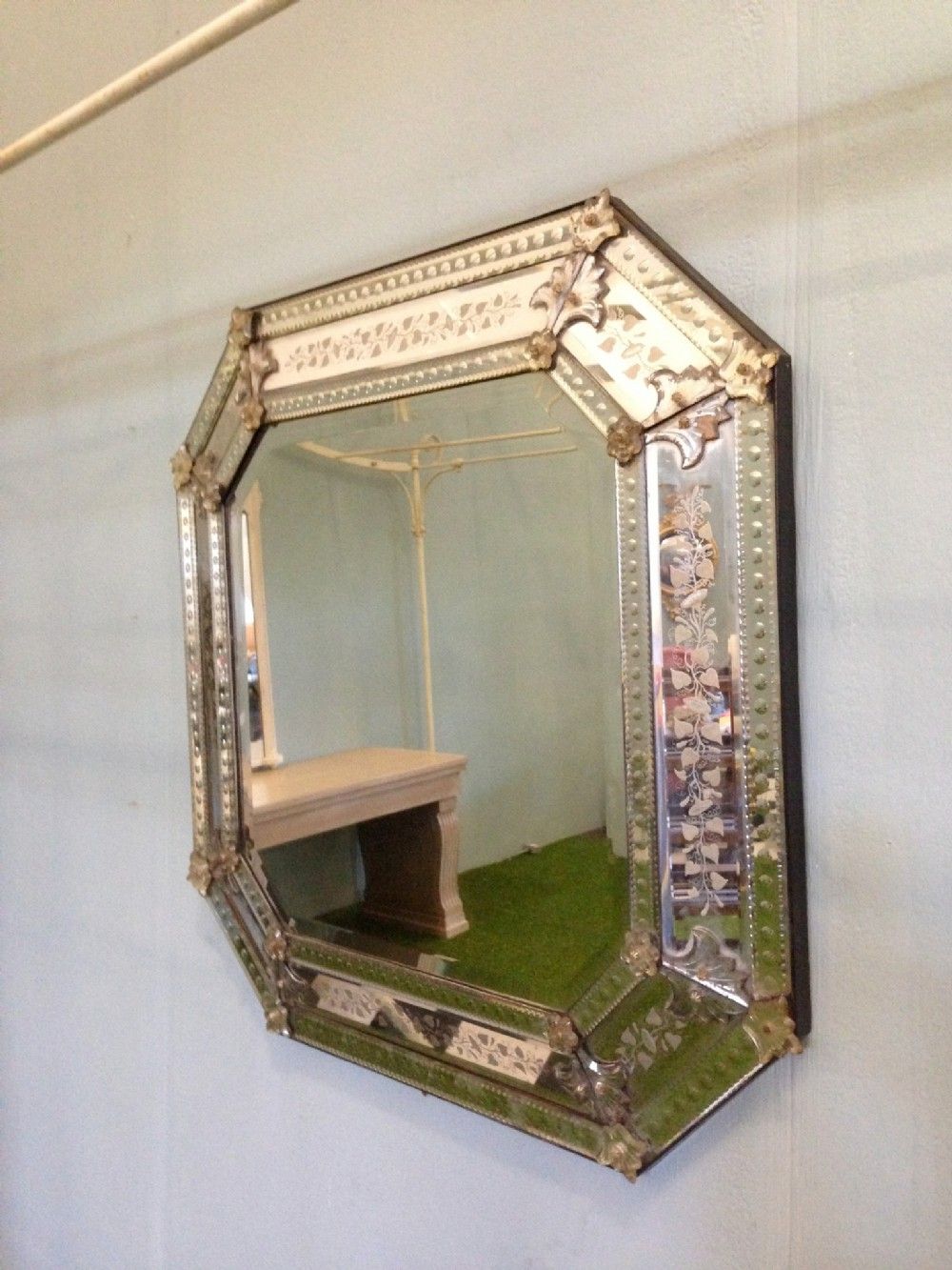 Large Octagonal Venetian Wall Mirror With Decorative Detailed Etching Pertaining To Booth Reclaimed Wall Mirrors Accent (View 8 of 15)