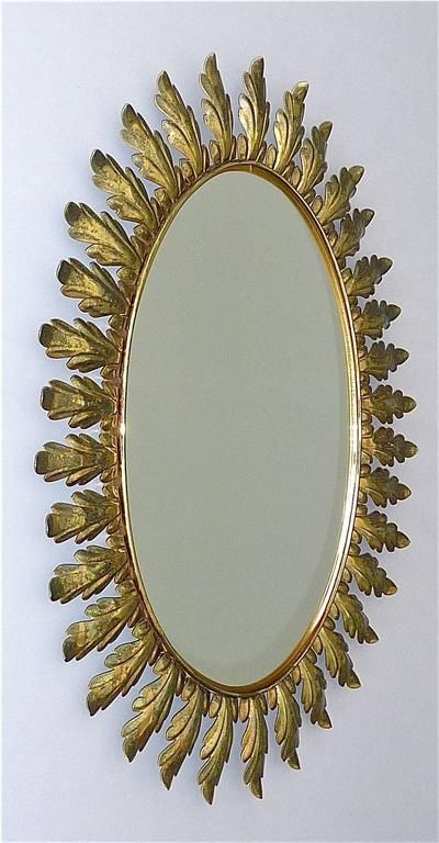 Large Oval Midcentury Floral Leaf Starburst Sunburst Brass Wall Mirror With Regard To Brass Sunburst Wall Mirrors (View 6 of 15)