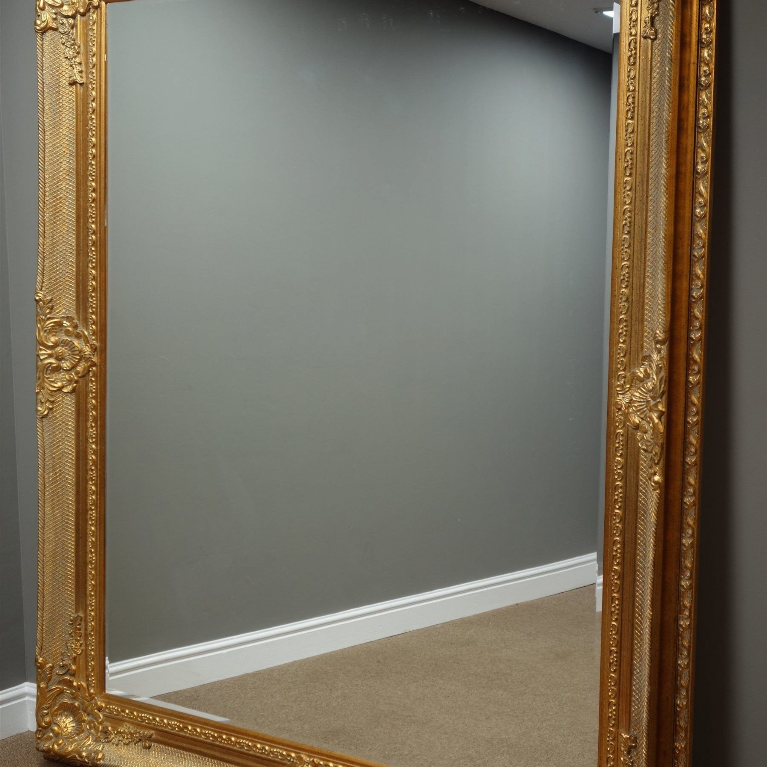Large Rectangular Bevelled Edge Wall Mirror In Ornate Swept Gilt Frame For Farmhouse Woodgrain And Leaf Accent Wall Mirrors (Photo 2 of 15)