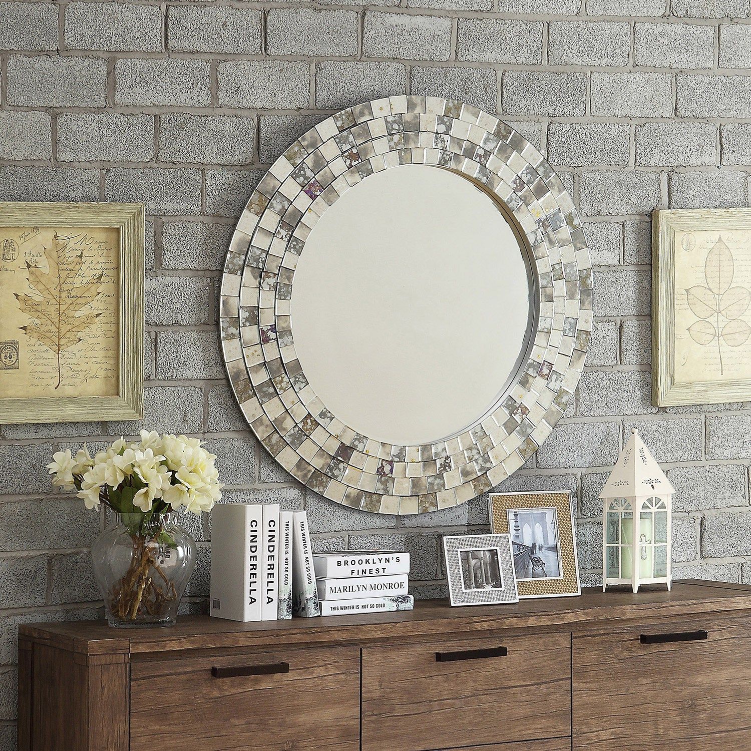 Large Round Mosaic Wall Mirror Gray/silver/brown Beveled Mottled Glam With Round Grid Wall Mirrors (Photo 14 of 15)