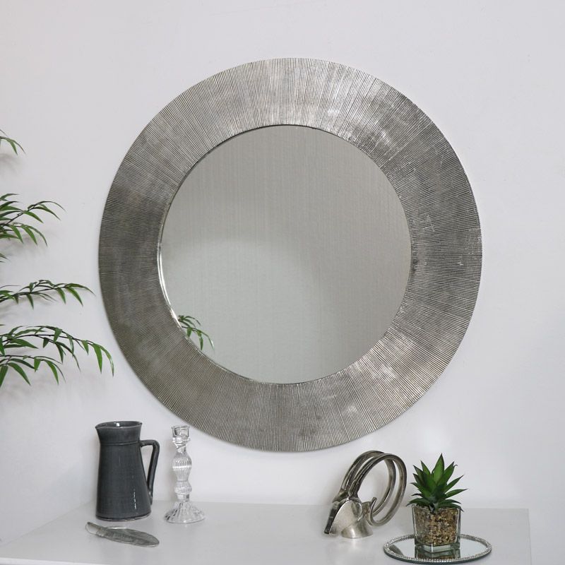Large Round Silver Wall Mirror 88cm X 88cm With Regard To Round Grid Wall Mirrors (Photo 11 of 15)