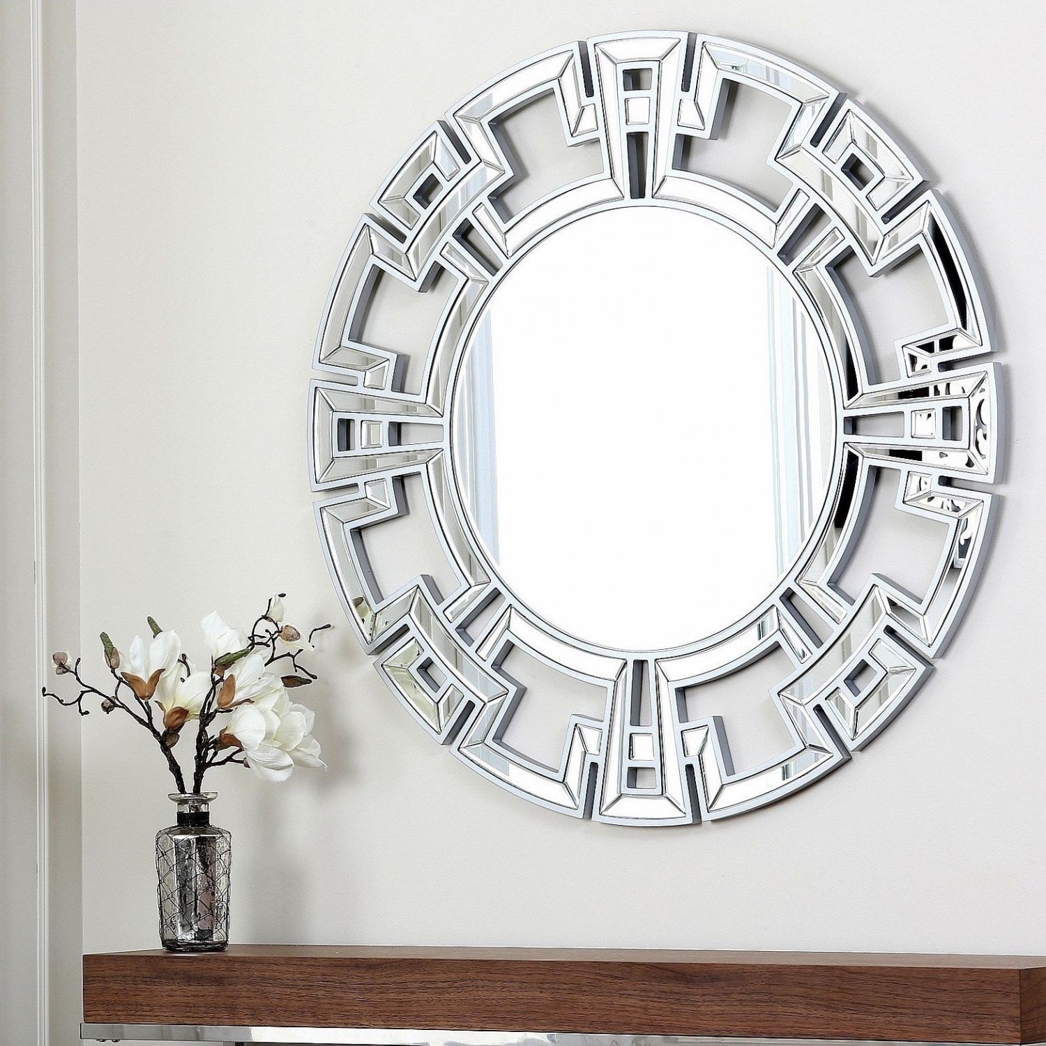 Large Round Silver Wall Mirror Geometric Greek Key Design Glam Mod Chic Within Vertical Round Wall Mirrors (View 10 of 15)