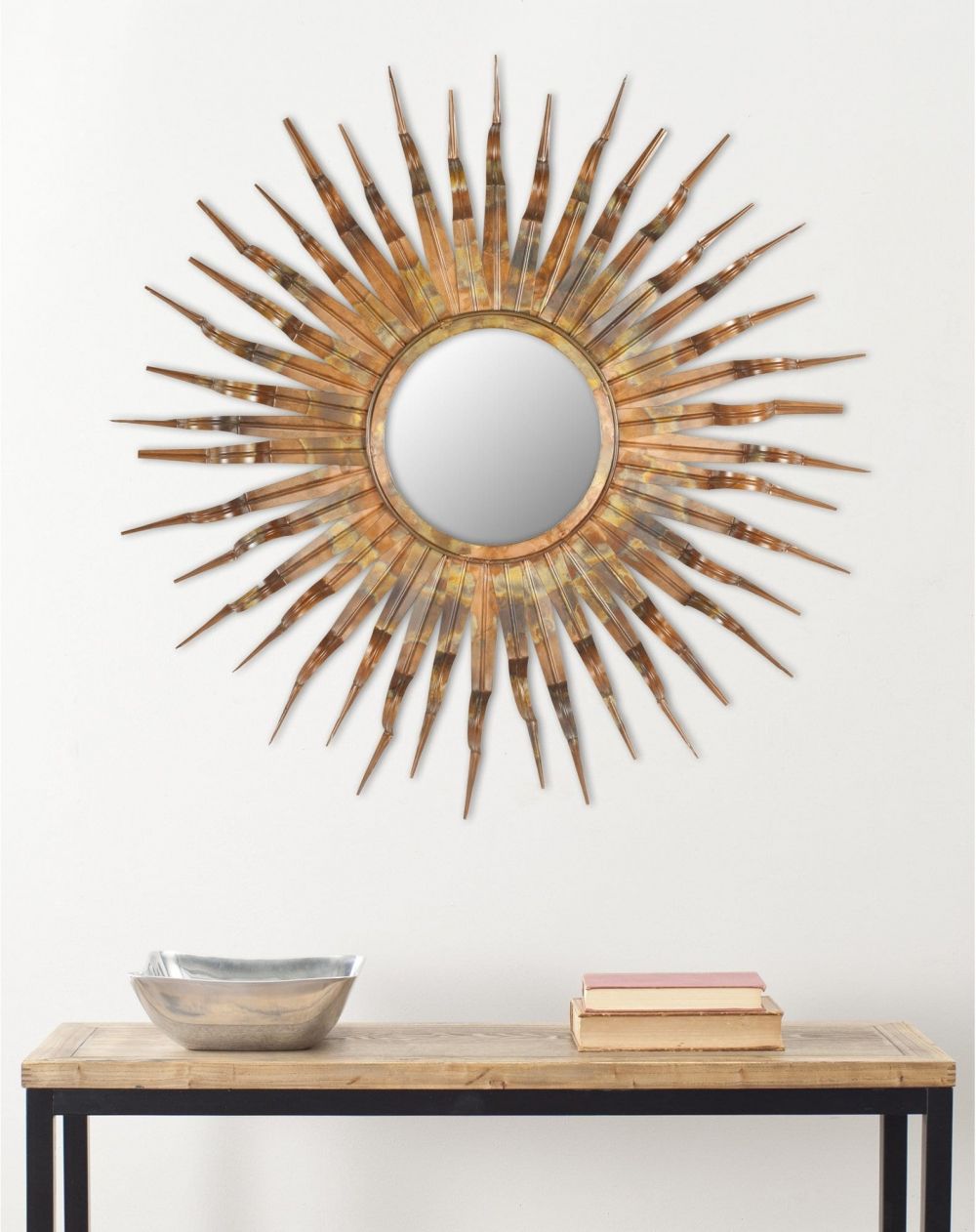 Large Round Sunburst Accent Wall Mirror ~ Bronze Finish Metal Textured With Regard To Dandre Wall Mirrors (View 10 of 15)