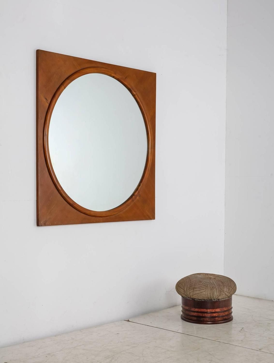 Large Round Wall Mirror In Square Walnut Frame, Italy, 1940s For Sale Pertaining To Square Oversized Wall Mirrors (View 13 of 15)