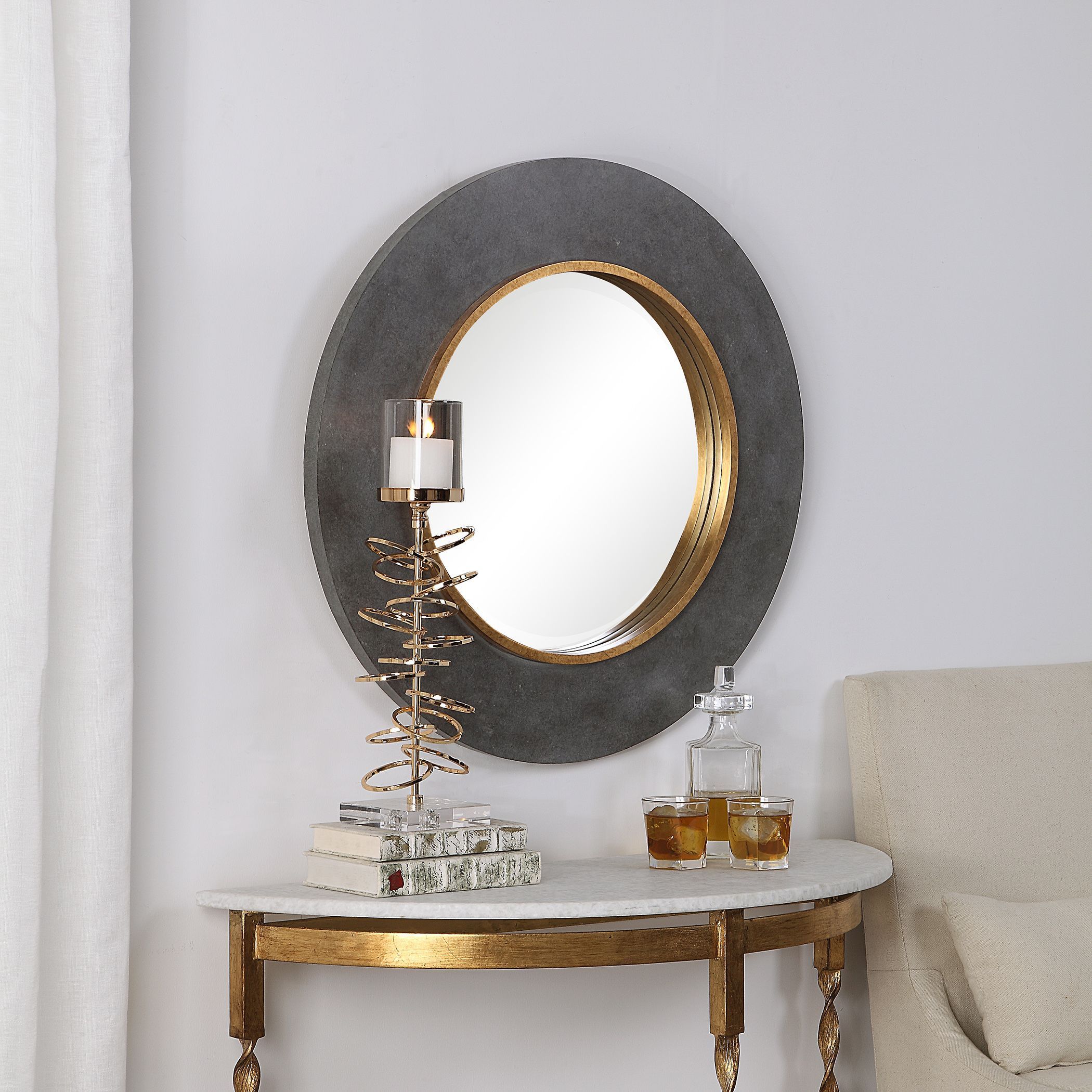 Large Round Wood Beveled Wall Mirror Contemporary Charcoal Concrete For Round Grid Wall Mirrors (View 7 of 15)