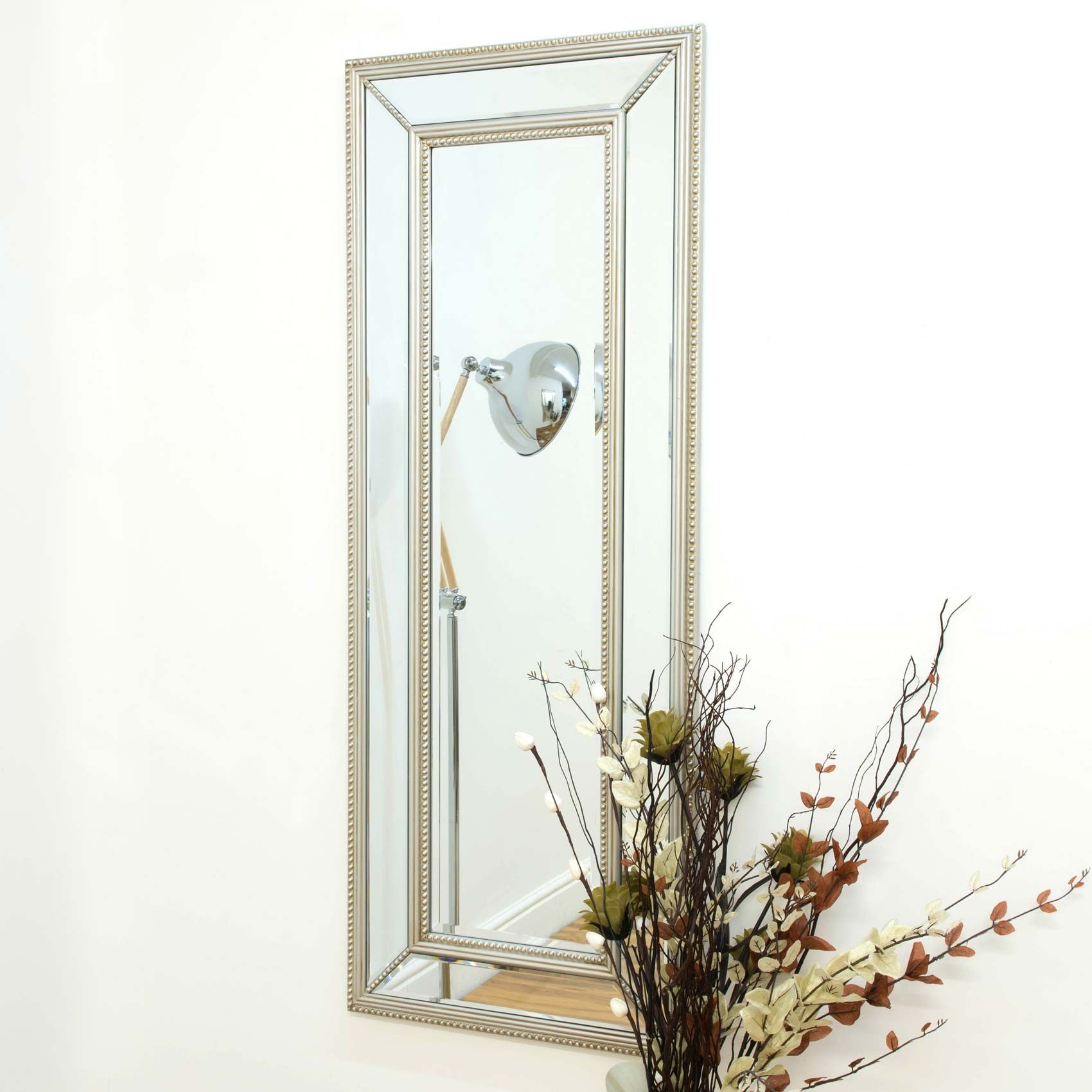 Large Silver Beaded Edge Modern All Glass Wall Mirror 4ft11 X 1ft11 With Silver Beaded Square Wall Mirrors (Photo 4 of 15)