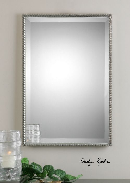 Large Silver Beaded Edge Rectangular Metal Beveled Wall Mirror 31 Pertaining To Silver Beaded Square Wall Mirrors (Photo 3 of 15)