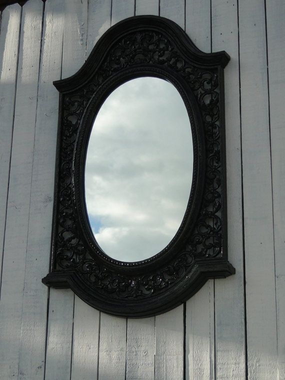 Large Vintage Ornate Baroque Oval Mirror In Glossy Black Gothic Within Glossy Black Wall Mirrors (View 3 of 15)