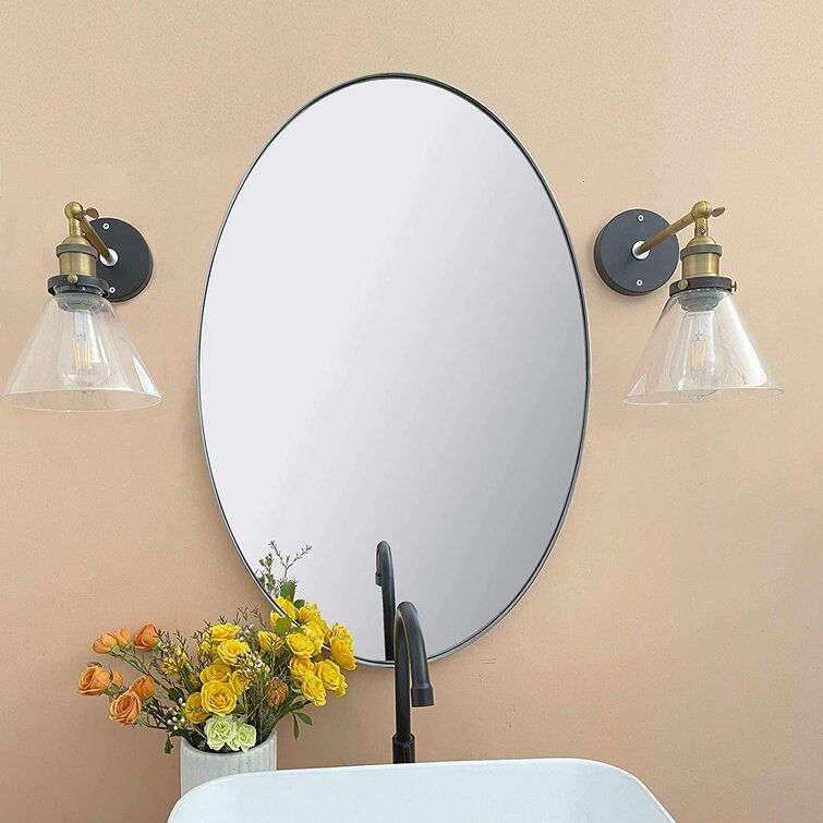 Latitude Run® Oval Brushed Nickel Metal Framed Bathroom Mirror For Wall With Regard To Ceiling Hung Polished Nickel Oval Mirrors (View 10 of 15)