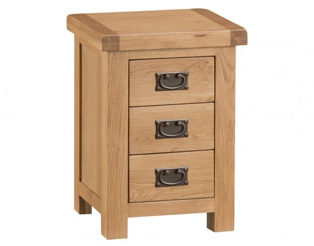 Light Rustic Oak 3 Drawer Bedside Table – Furniture World Pertaining To Burnished Oak 3 Drawer Desks (View 14 of 15)