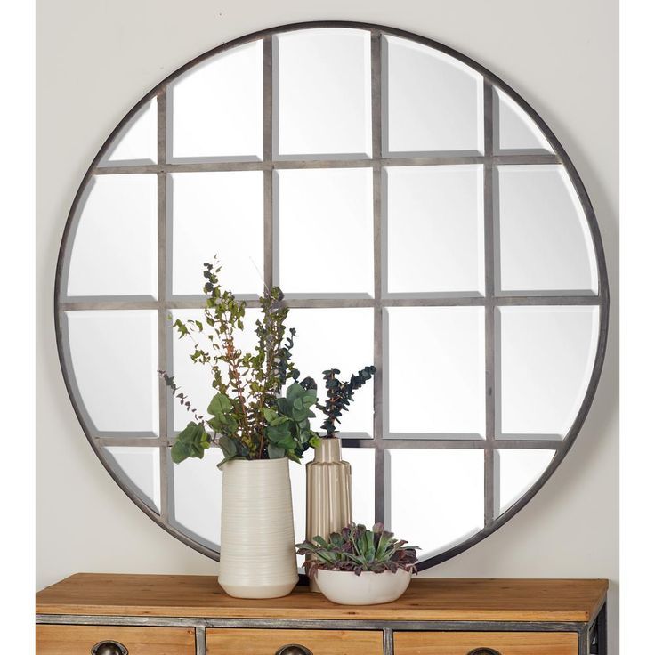 Litton Lane 48 In. Round Silver Decorative Wall Mirror With Grid Inside Grid Accent Mirrors (Photo 11 of 15)