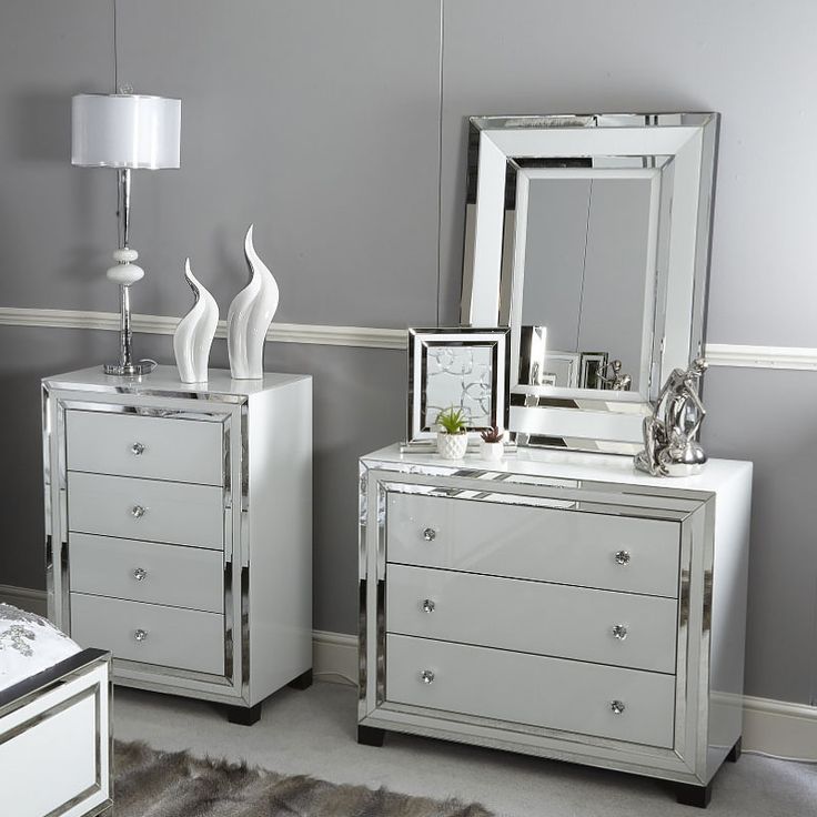Madison White Glass 3 Drawer Mirrored Chest | Picture Perfect Home Within 3 Drawer Mirrored Small Desks (View 9 of 15)