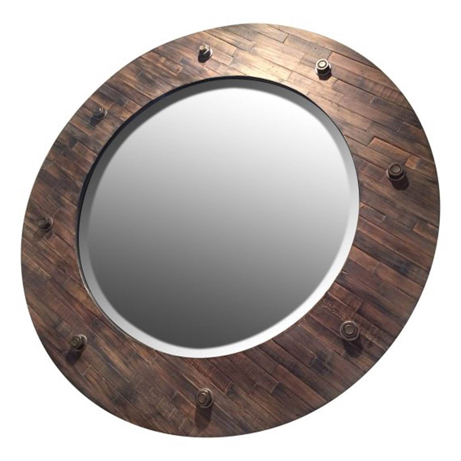 Majestic 32" Rustic Round Wood Beveled Glass Frame Decorative Wall For Window Cream Wood Wall Mirrors (View 14 of 15)