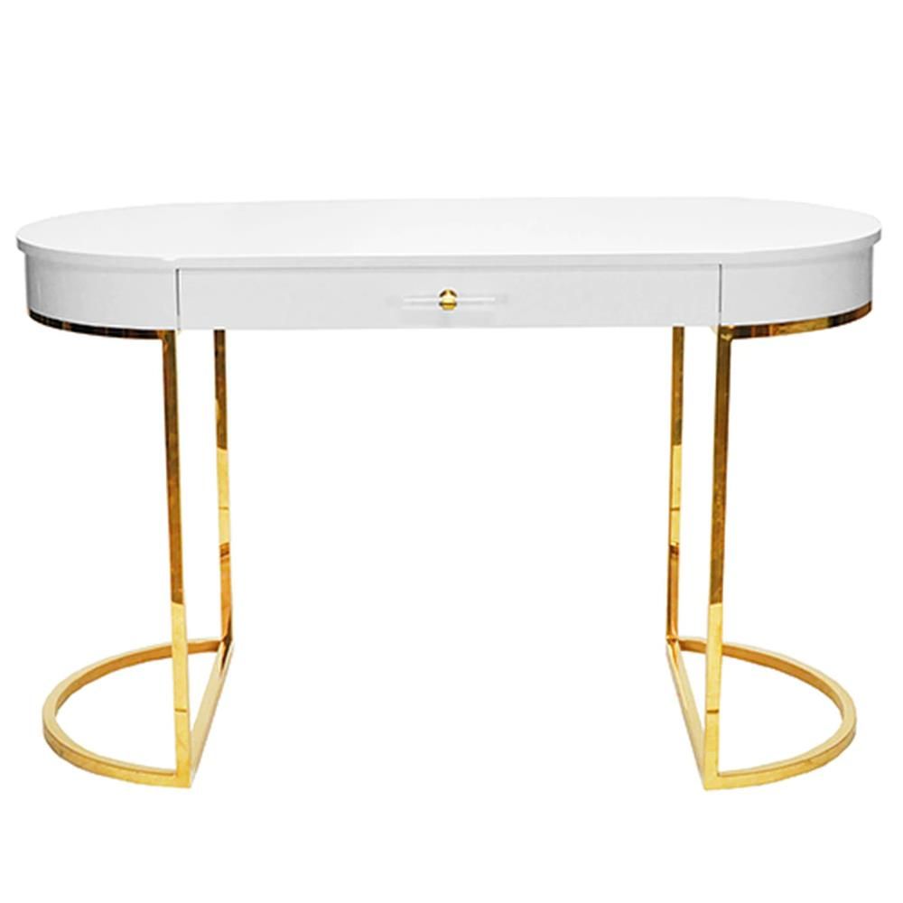 Mandy Modern Classic Brown White Lacquered Tabletop Gold Frame Oval Desk For Lacquer And Gold Writing Desks (Photo 4 of 15)