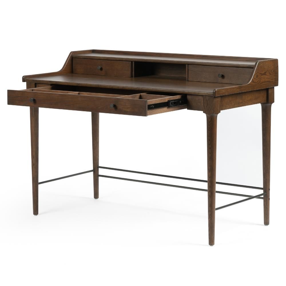 Marian Rustic Lodge Brown Oak Wood Writing Desk | Kathy Kuo Home For Rustic Acacia Wooden Writing Desks (View 8 of 15)