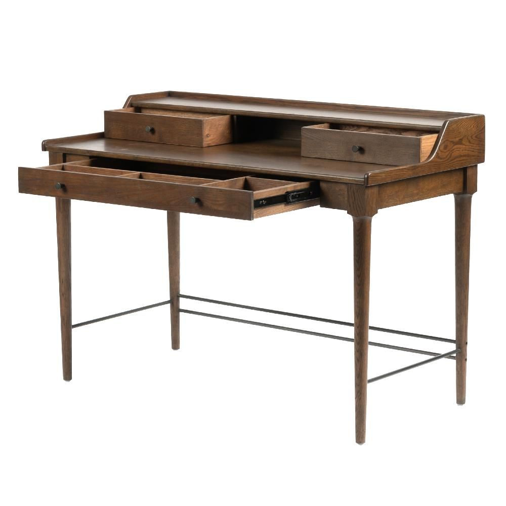 Marian Rustic Lodge Brown Oak Wood Writing Desk | Kathy Kuo Home Throughout Rustic Acacia Wooden Writing Desks (View 13 of 15)
