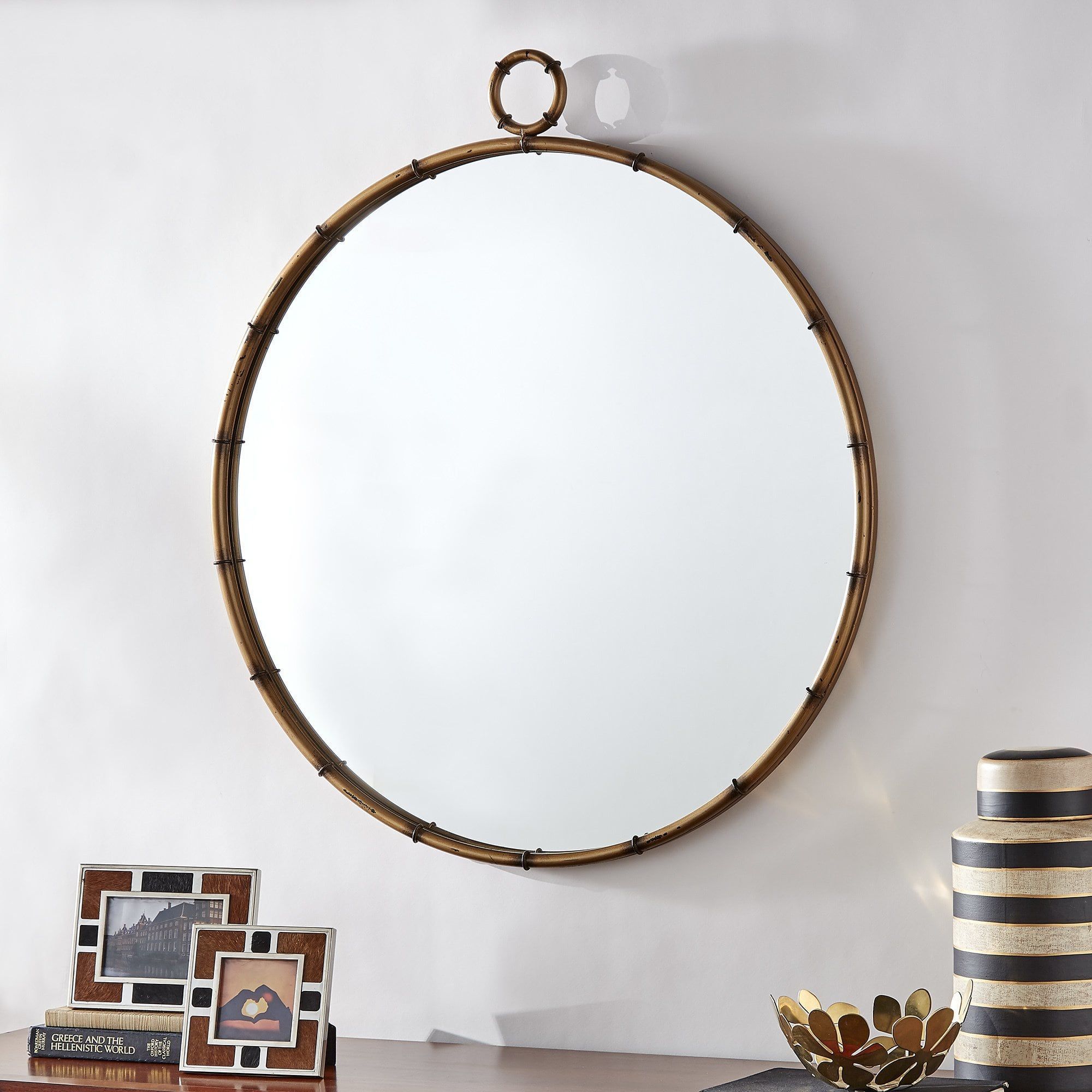 Marza Antiqued Brass Finish Round Wall Mirror With Decorative Ring With Round Grid Wall Mirrors (Photo 5 of 15)