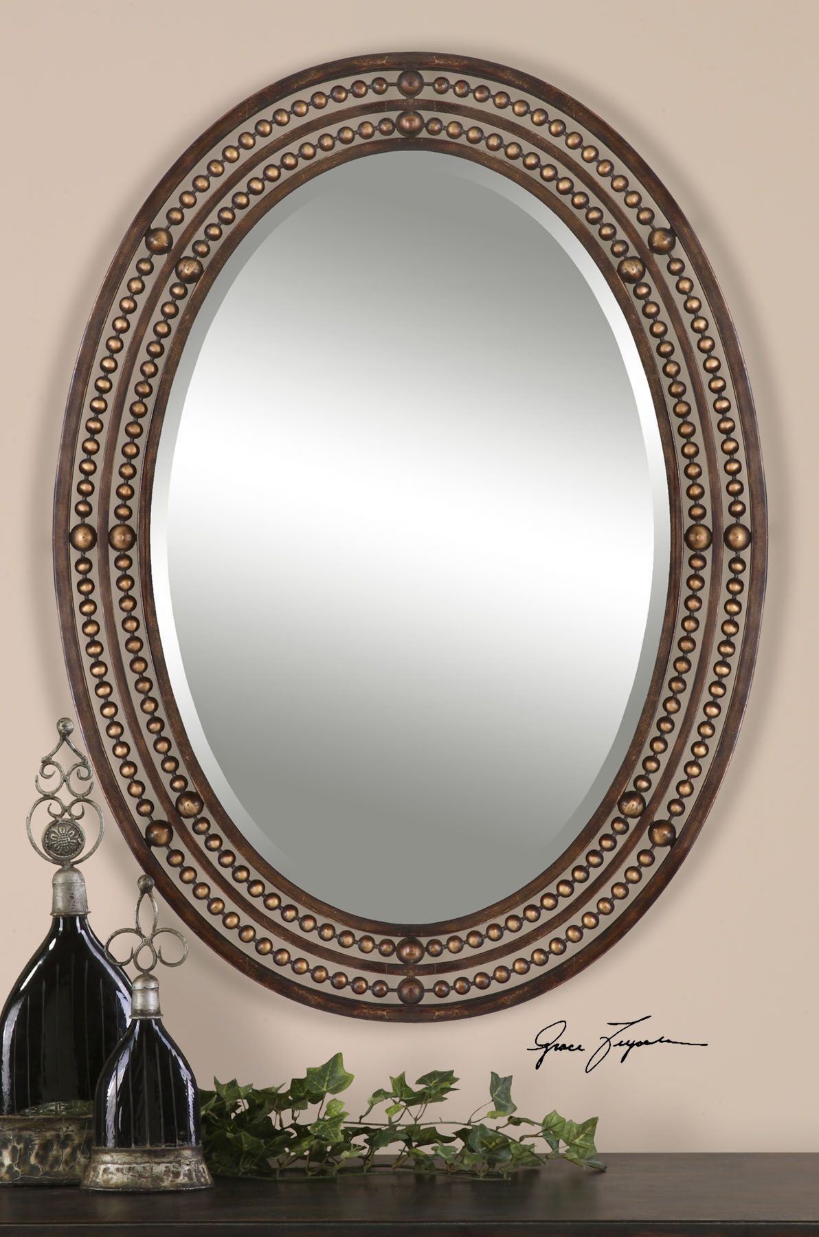 Matney Distressed Bronze Mirror – Doors Of Home | Oval Wall Mirror With Regard To Vassallo Beaded Bronze Beveled Wall Mirrors (View 8 of 15)