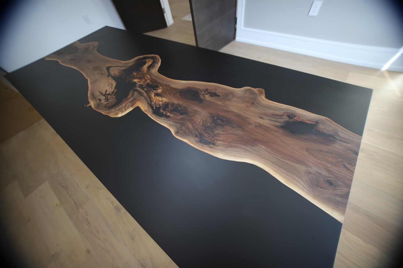Matte Black Epoxy Desk With Walnut Slab – Anglewood Live Edge Custom Pertaining To White Marble And Matte Black Desks (View 10 of 15)