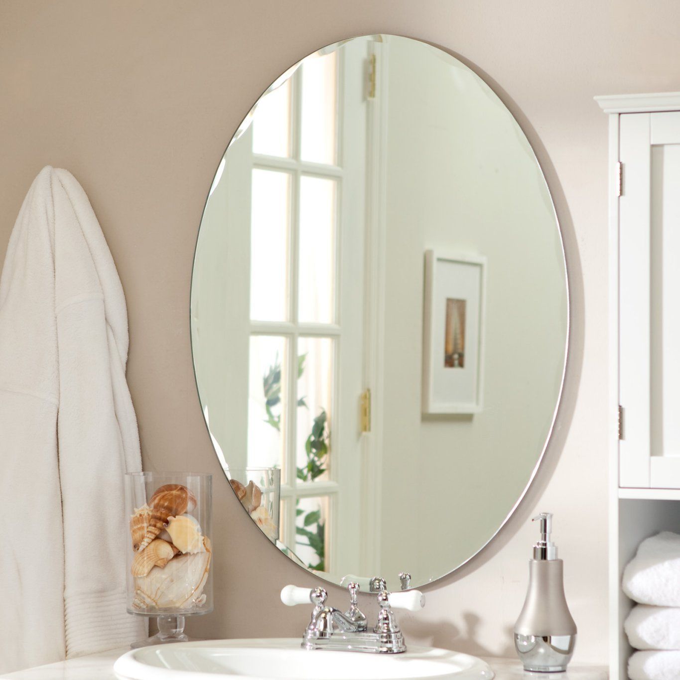 Featured Photo of 15 Collection of Thornbury Oval Bevel Frameless Wall Mirrors
