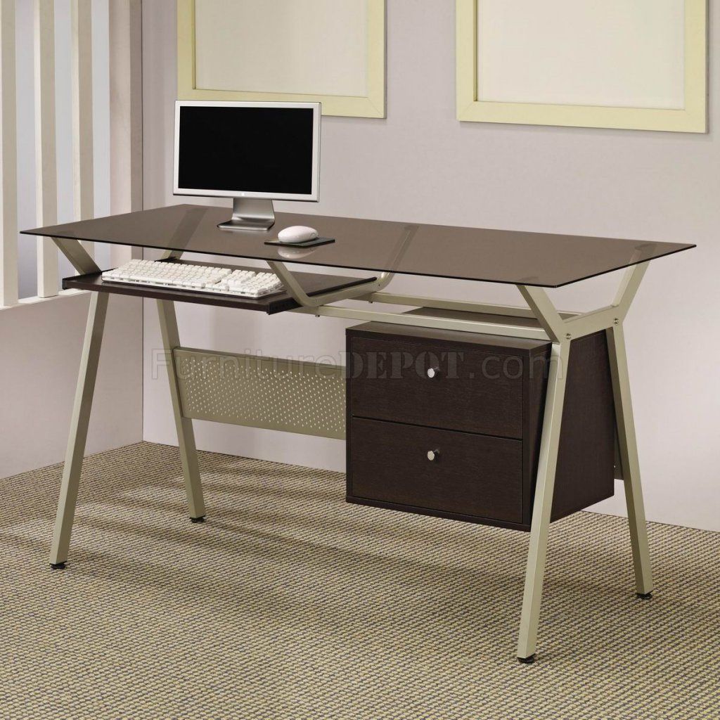 Metal Base & Smoked Glass Modern Home Office Desk W/two Drawers Intended For Metal And Glass Work Station Desks (View 12 of 15)